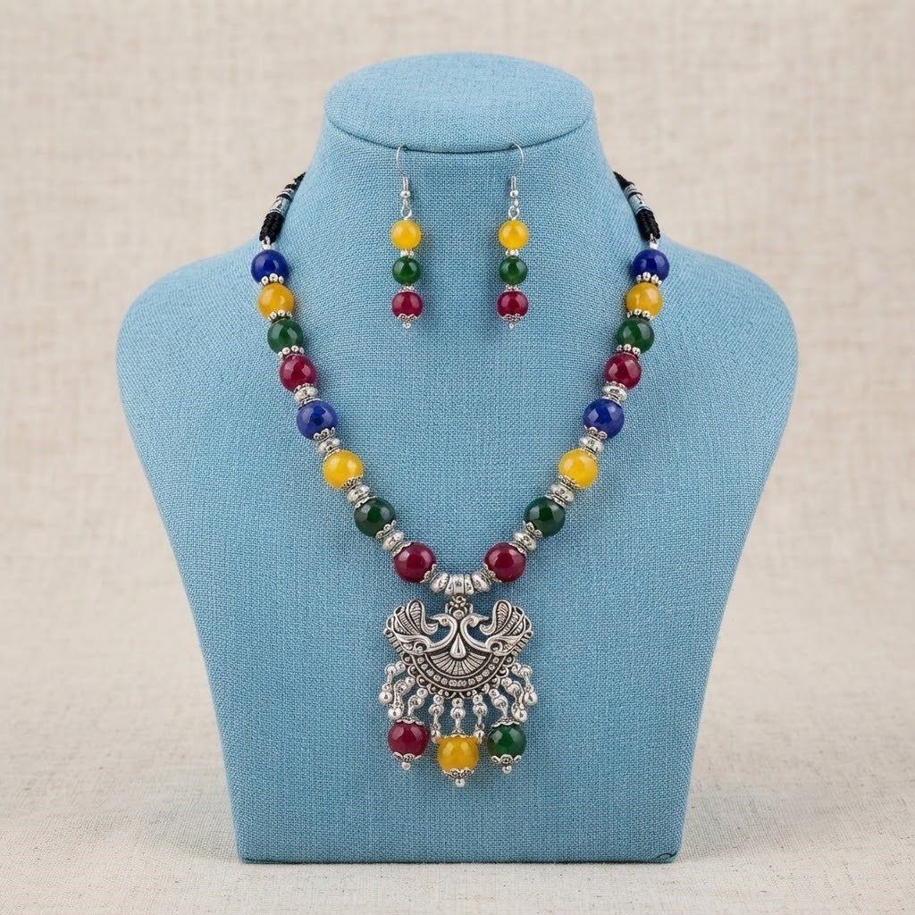 JFL - Jewellery for Less Oxidized German Silver Peacock Pendant Multicolour Beaded Necklace with Earrings Set for Women & Girls | Navratri Special Ethnic Jewellery Set