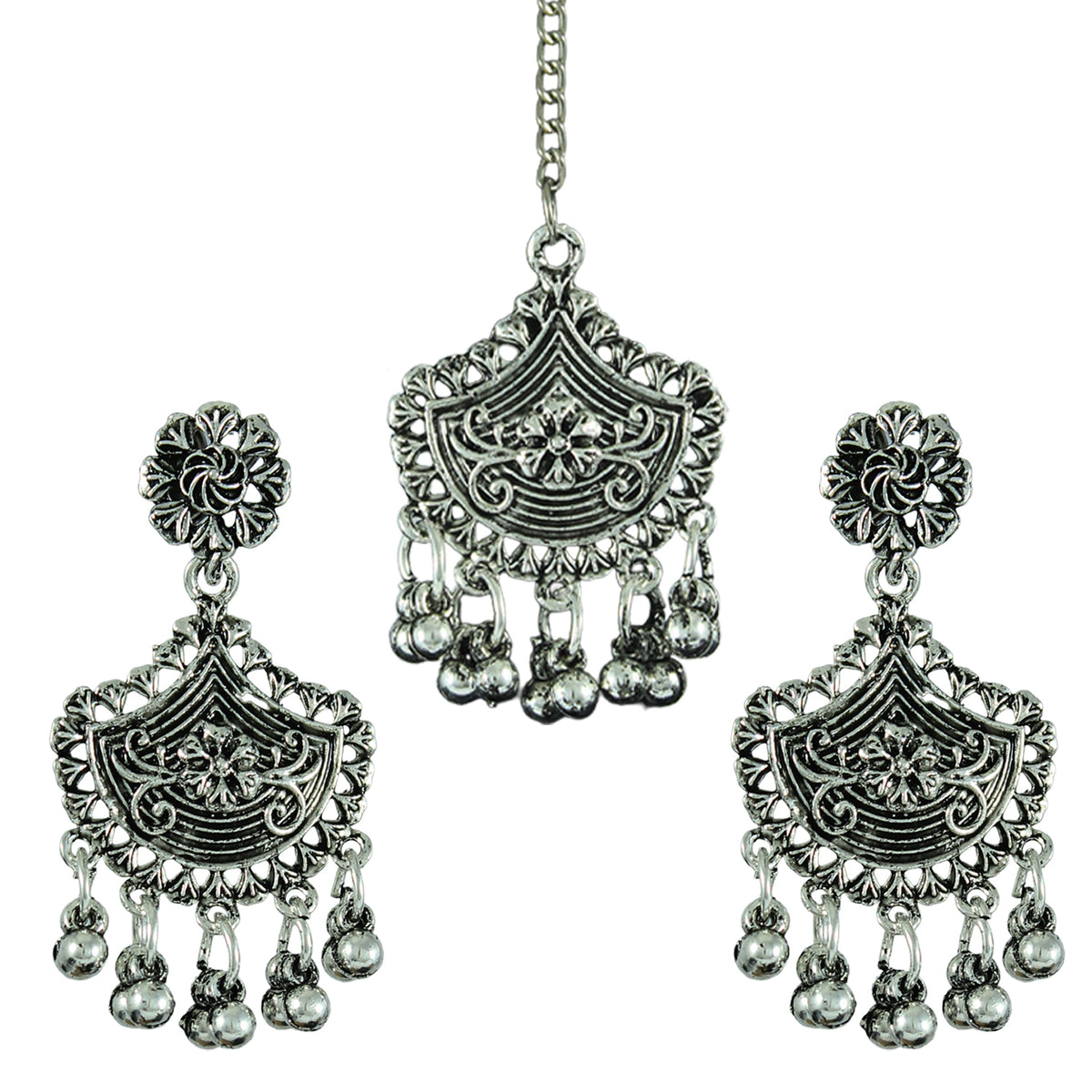 JFL - Jewellery for Less Navratri Special Oxidised Silver Plated Multicolor Stone Necklac Set for Women & Girls – Statement Necklace, Earrings, Maang Tikka & Multicolor Beaded Bracelet Combo