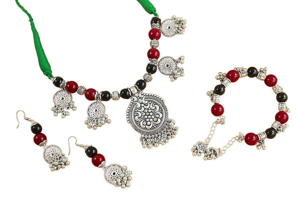 JFL-Jewellery for Less Maroon & Black Beaded Jewellery Set – Necklace, Earrings & Bracelet with Oxidised Silver 5‑Pendant Floral Necklace on Green Cord , Navratri, Garba