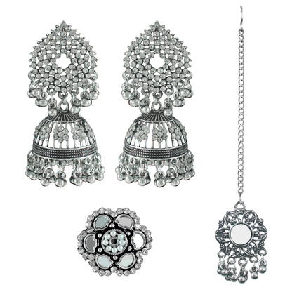 JFL - Jewellery for Less Combo of Oxidised Stone-Studded Ethnic Jewelry Set for Women & Girls | Jhumka Earrings, Mirror Work Maang Tikka & Floral Finger Ring(Navratri Special)