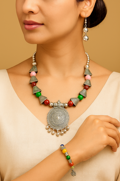 JFL - Jewellery for Less Handcrafted Oxidised Necklace Earrings Bracelet Set – Multicolour Beaded Ethnic Jewellery for Women & Girls – Navratri, Garba