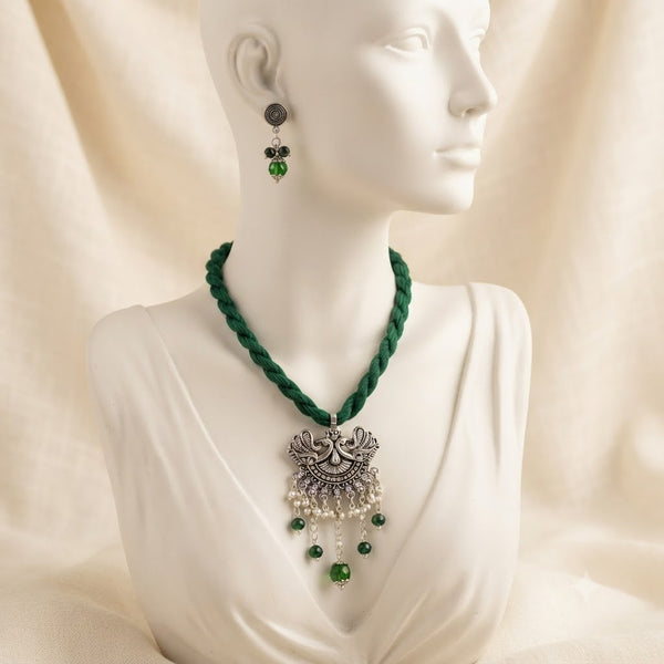 JFL - Jewellery for Less Oxidized Silver Peacock Pendant Green Thread Necklace Earrings Set – Green Bead Dangle Jewellery Set for Women & Girls