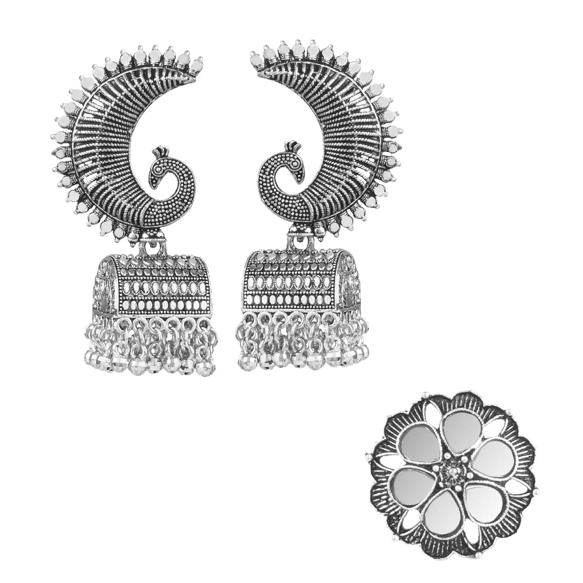JFL - Jewellery for Less Combo Traditional Antique Oxidised Silver Plated Peacock Design Jhumki Earring with Floral Design Mirror Work Adjustable Finger Ring Women & Girls.(Navratri Special)