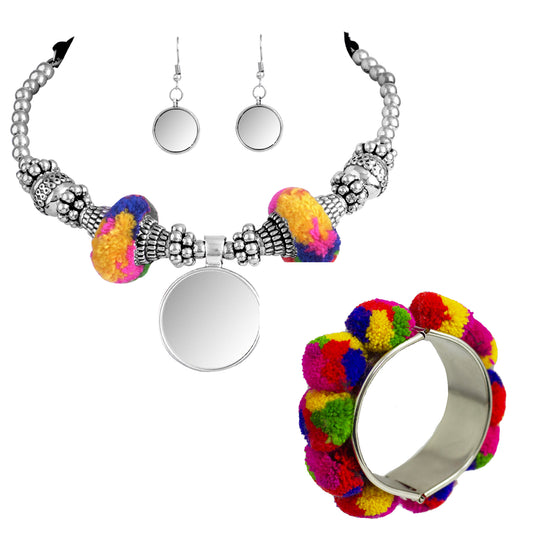 JFL - Jewellery for Less Combo Oxidised Silver Plated Mirror Work & Pom-Pom Necklace Set with Adjustable Kada for Women and Girls.(Navratri Special)
