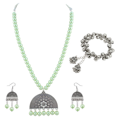JFL - Jewellery for Less Oxidised German Silver Necklace Set and Half-Circle Earrings with Bracelet – Traditional Festive Jewellery for Navratri, Garba & Dandiya | Mint Green Pearl Ethnic Necklace for Women