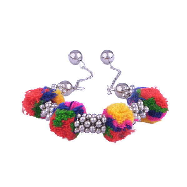 JFL - Jewellery for Less Stylish Multicolor Pom Pom Silver Plated Ghungroo Drop Adjustable Bracelet for Women and Girls.(Navratri Special) ,Valentine