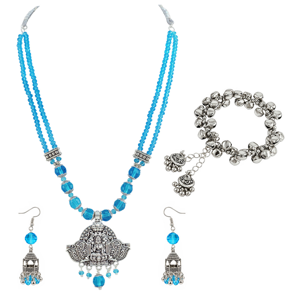 JFL - Jewellery for Less Navratri Turquoise Blue Crystal Beaded Necklace Earring with Bracelet Set for Women | Oxidized German Silver Goddess Pendant | Traditional Ethnic Jewellery for Festive & Wedding