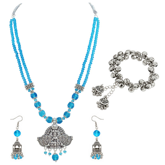 JFL - Jewellery for Less Navratri Turquoise Blue Crystal Beaded Necklace Earring with Bracelet Set for Women | Oxidized German Silver Goddess Pendant | Traditional Ethnic Jewellery for Festive & Wedding