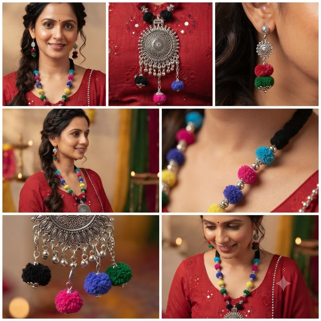 JFL - Jewellery for Less Oxidized German Silver Sun Pendant Multicolor Thread Beads Necklace with Earrings Set for Women | Handmade Cotton Thread Jewellery with Adjustable Black Dori | Navratri Special Tribal Jewellery