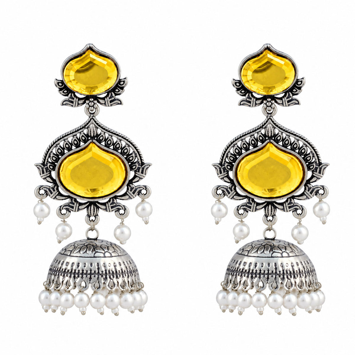 JFL - Jewellery for Less Oxidized Silver-Toned Jhumka Earrings with Yellow Stone and Pearl Drops – Traditional Ethnic Jewellery for Women