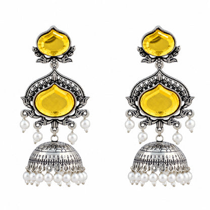 JFL - Jewellery for Less Oxidized Silver-Toned Jhumka Earrings with Yellow Stone and Pearl Drops – Traditional Ethnic Jewellery for Women