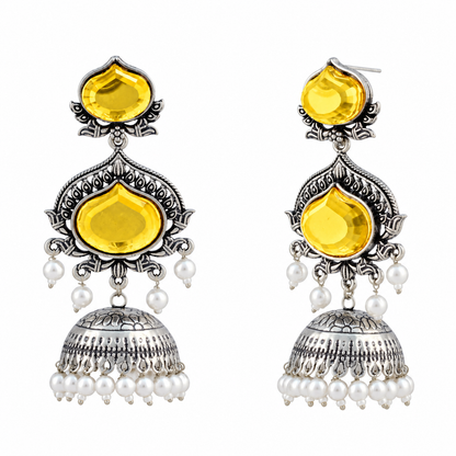JFL - Jewellery for Less Oxidized Silver-Toned Jhumka Earrings with Yellow Stone and Pearl Drops – Traditional Ethnic Jewellery for Women