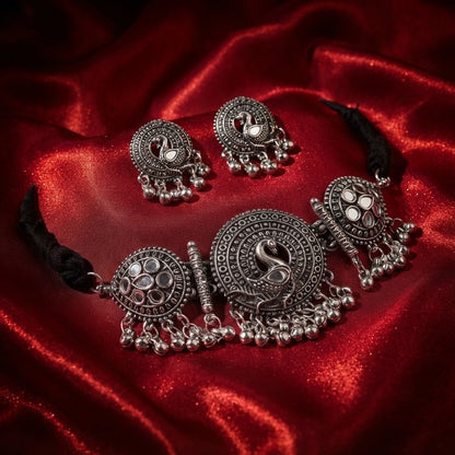 JFL - Jewellery for Less Oxidized German Silver Swan Pendant Necklace Set with Earrings – Mirror Work Choker on Black Thread for Women & Girls, Traditional Ethnic Jewellery Combo
