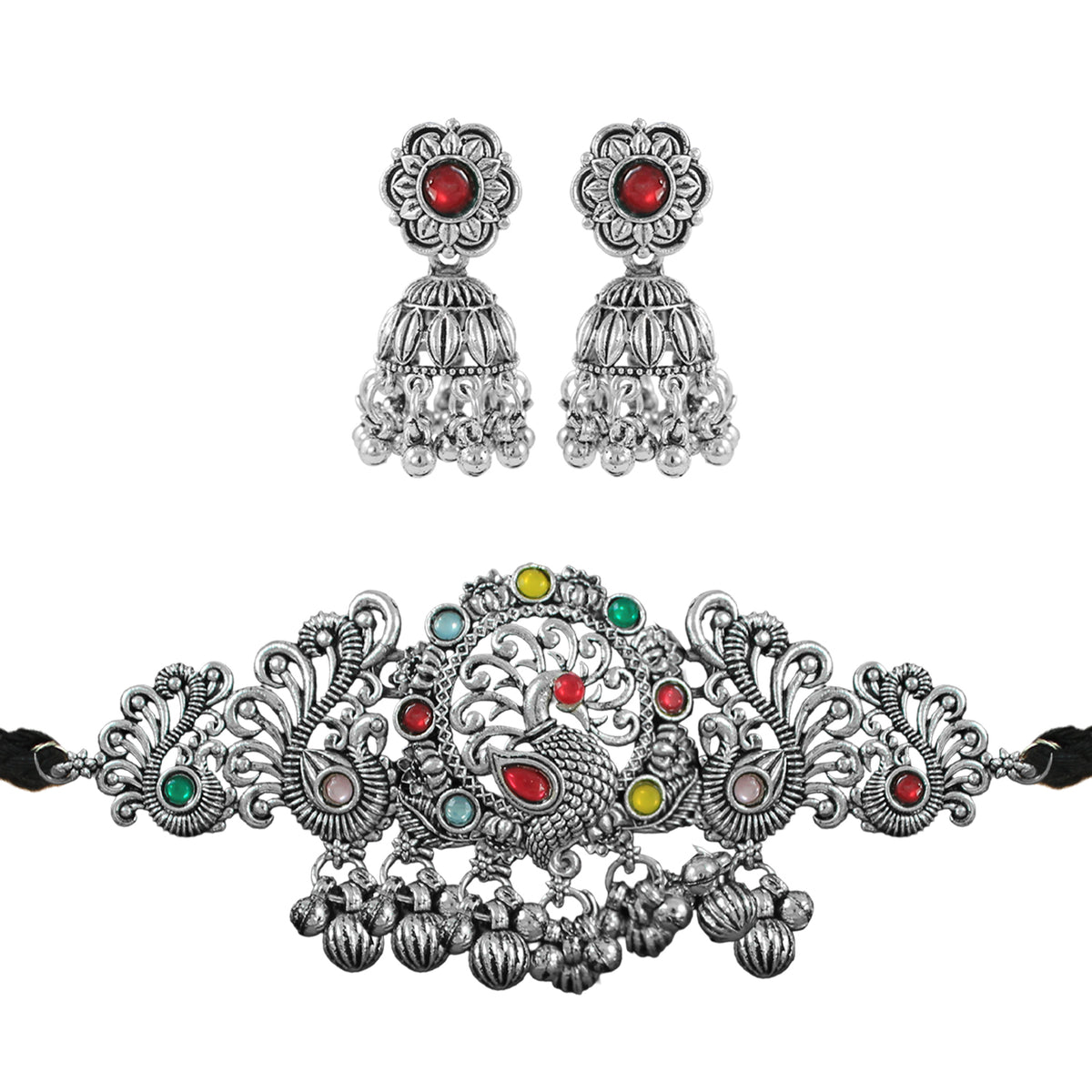 JFL - Jewellery for Less Ethnic Oxidised Silver Plated Multicolor Stone Peacock Design Choker Necklac Set with Ghungroo Bracelet for Women & Girls (Navratri Special)