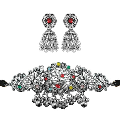 JFL - Jewellery for Less Ethnic Oxidised Silver Plated Multicolor Stone Peacock Design Choker Necklac Set with Ghungroo Bracelet for Women & Girls (Navratri Special)