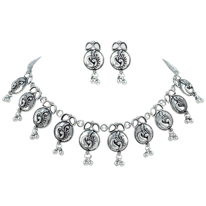 JFL - Jewellery for Less Oxidized German Silver Necklace Set with Mirror Stone Drops – Peacock Design Antique Silver Choker Jewellery Set for Women & Girls, Traditional Ethnic Wear