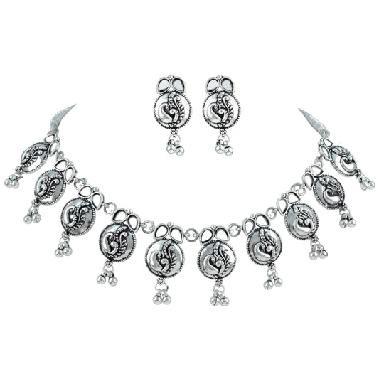 JFL - Jewellery for Less Oxidized German Silver Necklace Set with Mirror Stone Drops – Peacock Design Antique Silver Choker Jewellery Set for Women & Girls, Traditional Ethnic Wear