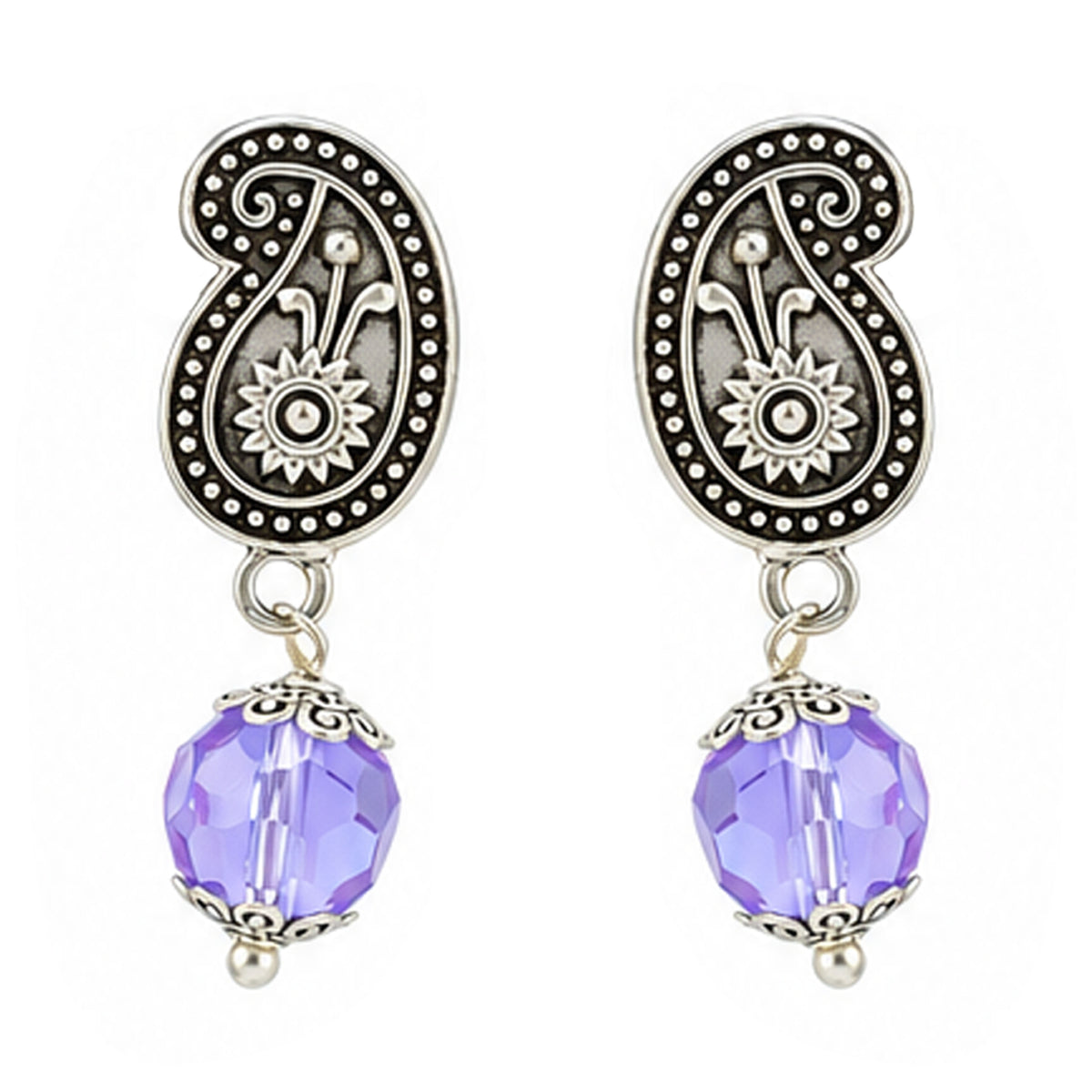 JFL - Jewellery for Less Oxidized German Silver Peacock Pendant Purple Crystal Beads Necklace with Earrings Set for Women | Antique Silver Design Jewellery Set | Navratri Special Traditional Jewellery