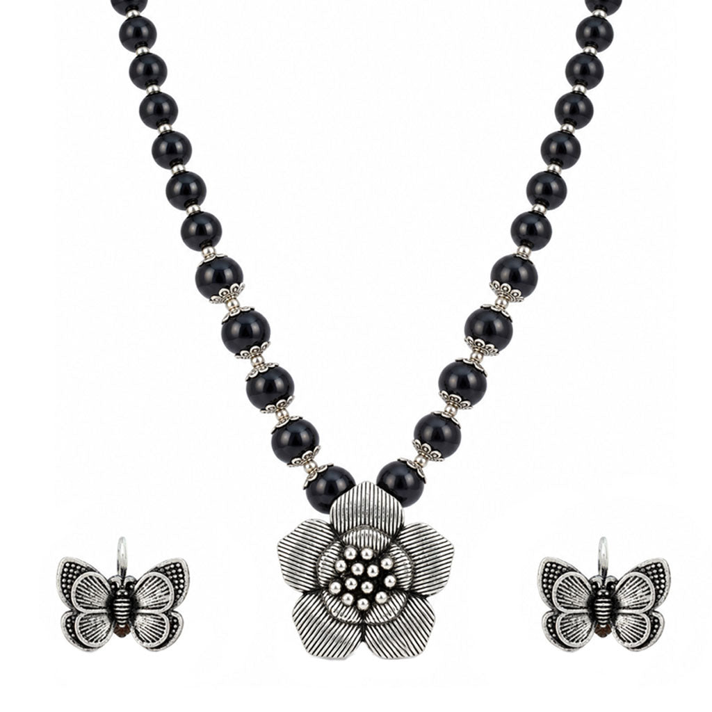 JFL - Jewellery for Less Oxidized Silver Flower Pendant Black Beads Necklace and Butterfly Earrings with Bracelet Set for Women & Girls | Navratri Special Traditional Jewellery Set