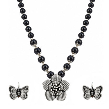 JFL - Jewellery for Less Oxidized Silver Flower Pendant Black Beads Necklace and Butterfly Earrings with Bracelet Set for Women & Girls | Navratri Special Traditional Jewellery Set