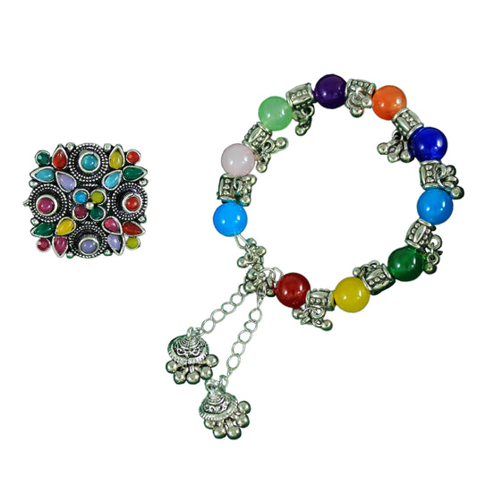 JFL - Jewellery for Less Navratri Special Multicolor Stone Adjustable Finger Ring & Ghungroo Beaded Kada Bracelet Set | Traditional Festive Jewellery for Women & Girls