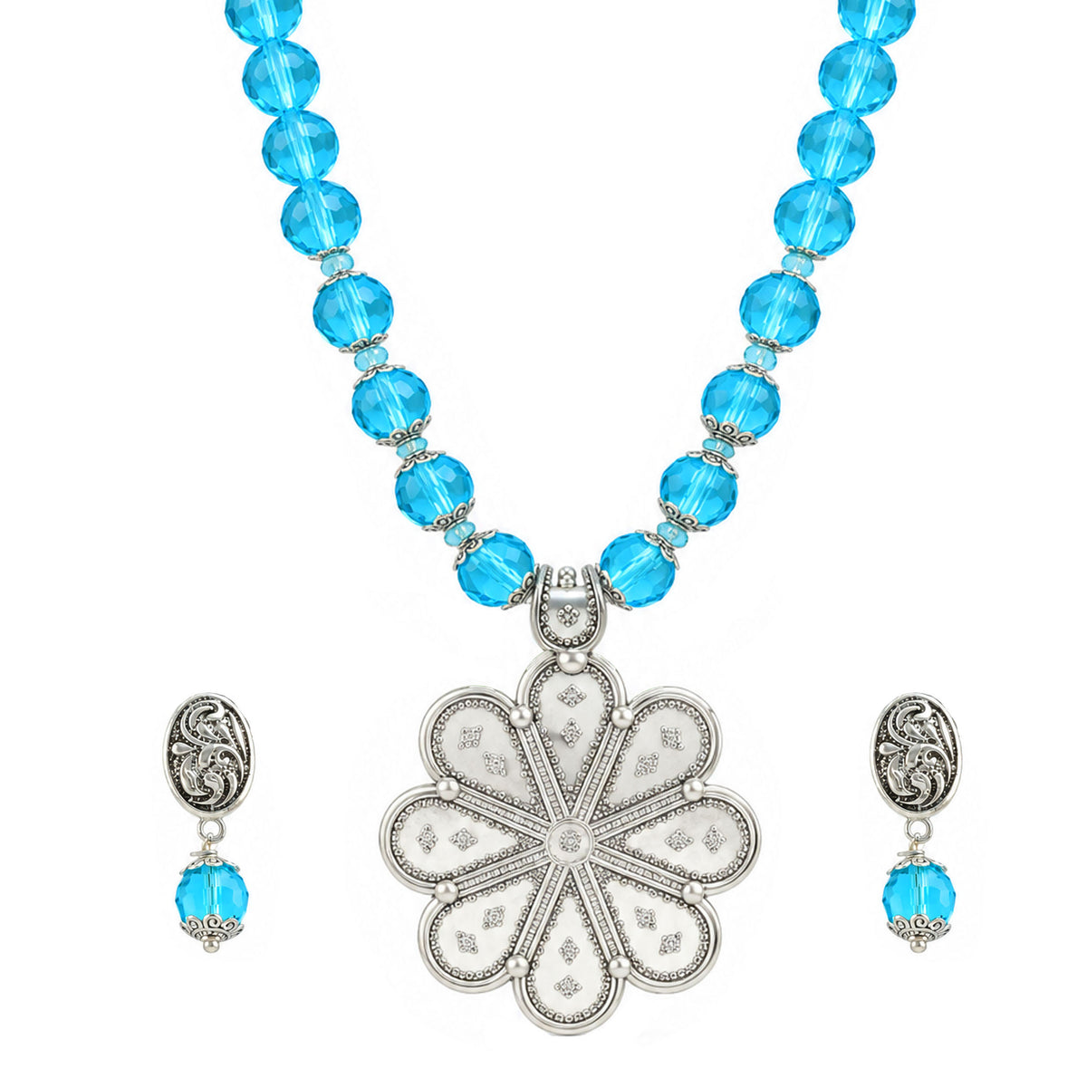 JFL - Jewellery for Less Oxidized Silver Floral Pendant Sky Blue Beaded Necklace Earrings with Bracelet Set for Women – Navratri Special Traditional Jewellery Set