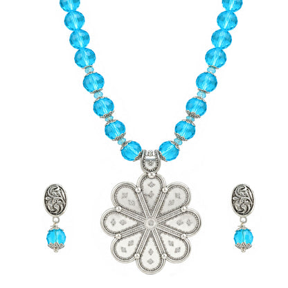 JFL - Jewellery for Less Oxidized Silver Floral Pendant Sky Blue Beaded Necklace Earrings with Bracelet Set for Women – Navratri Special Traditional Jewellery Set