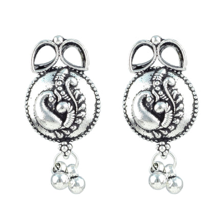 JFL - Jewellery for Less Oxidized German Silver Necklace and Bracelet Set with Mirror Stone Drops – Peacock Design Antique Silver Choker Jewellery Set for Women & Girls, Traditional Ethnic Wear