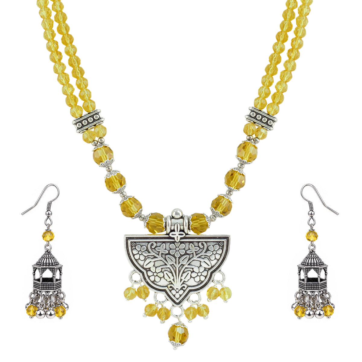 JFL - Jewellery for Less Navratri Yellow Faceted Crystal Beads Necklace Earring with Bracelet Set for Women | Oxidized German Silver Jewellery | Traditional Ethnic Set for Festive & Wedding