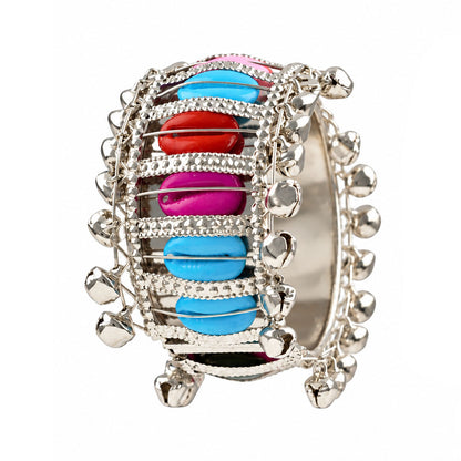 Silver-Tone Multicolor Cowrie Shell Ghungroo Kada for Women – Wide Kada with Hanging Ghungroo Bells | Navratri Special Ethnic Jewellery