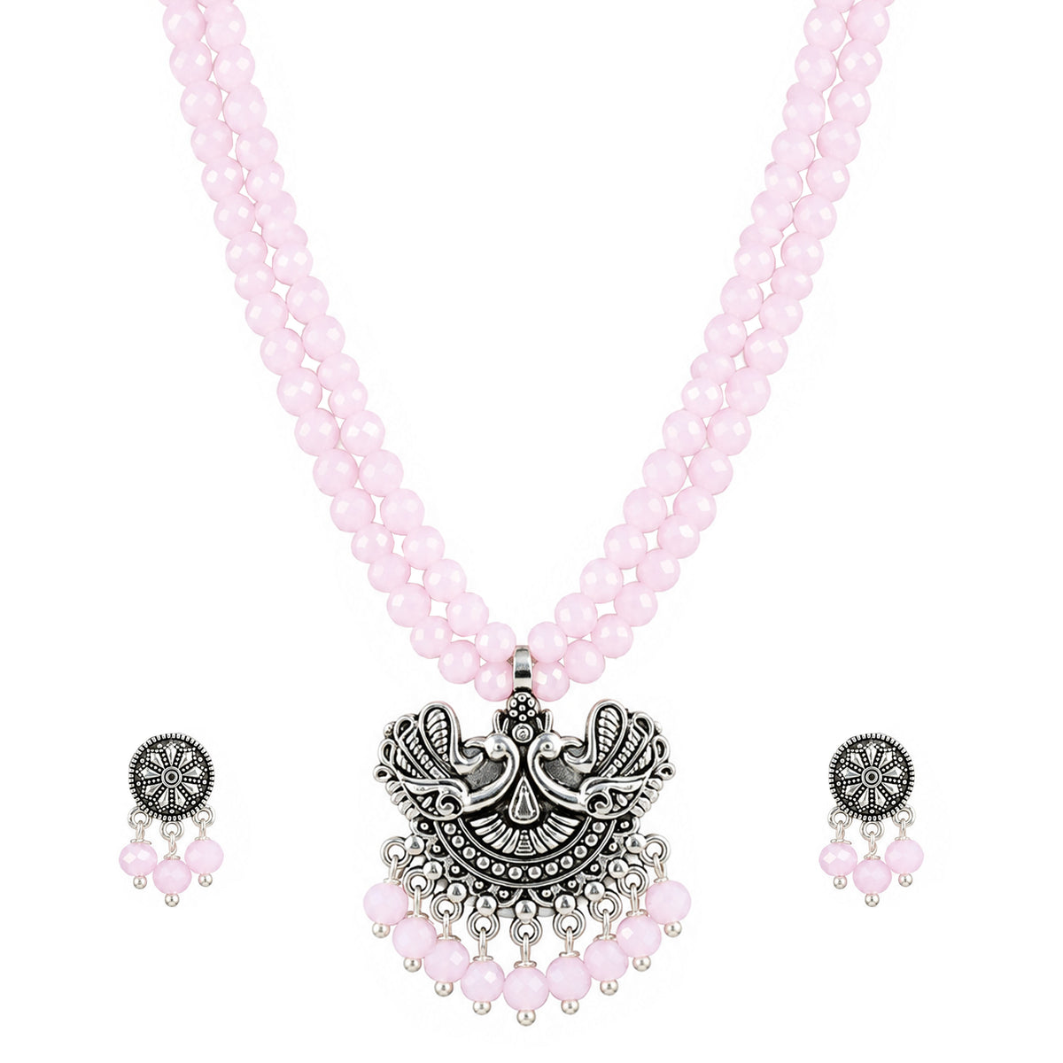 JFL - Jewellery for Less Oxidized German Silver Pink Beads Double Strand Peacock Pendant Necklace and Earrings with Bracelet Set for Women | Antique Silver Design Jewellery Set | Navratri Special Traditional Jewellery