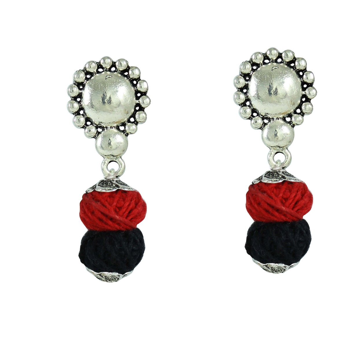 JFL-Jewellery for Less Multicolour Cotton Thread Jewellery Set–Necklace,Earrings with Oxidised Silver Ornate Face Pendant, Matching Beadwork & Dangling Charms––Navratri, Garba