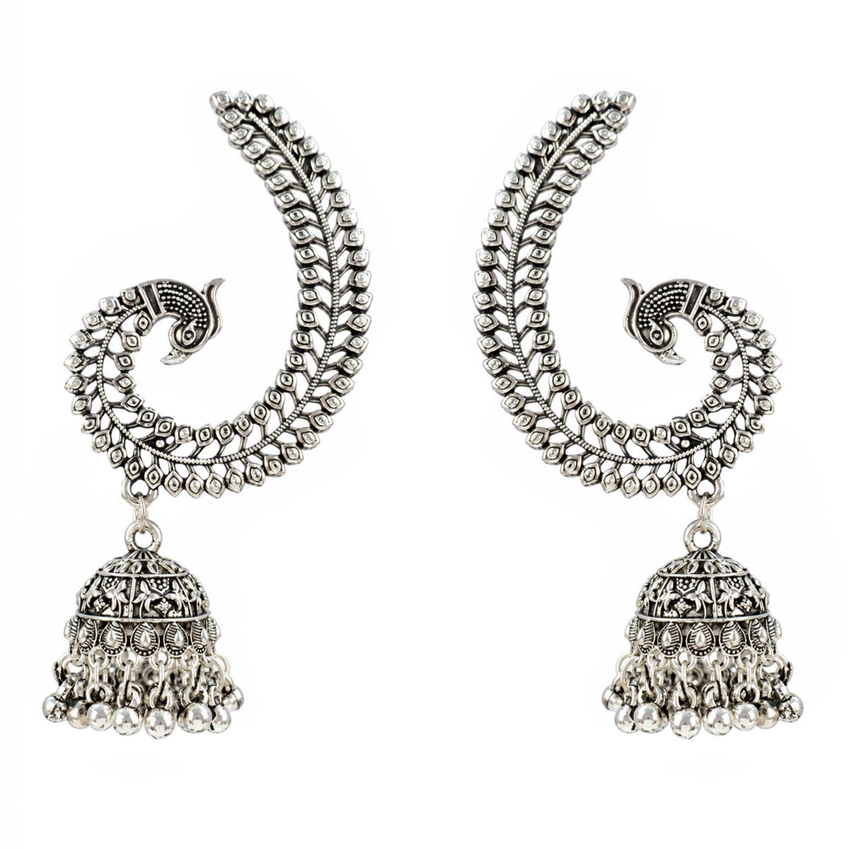 Oxidized Silver-Toned Peacock Ear Cuff Jhumki Earrings – Antique Finish Ear Cuffs with Ghungroo Drops for Women & Girls | Navratri Special