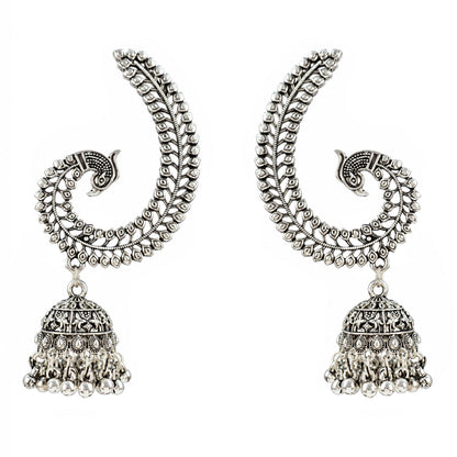 Oxidized Silver-Toned Peacock Ear Cuff Jhumki Earrings – Antique Finish Ear Cuffs with Ghungroo Drops for Women & Girls | Navratri Special