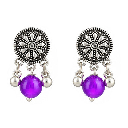 JFL - Jewellery for Less Oxidized German Silver Purple Beads Peacock Pendant Necklace and Earrings with Bracelet Set for Women | Antique Silver Floral Design Jewellery Set | Navratri Special Traditional Jewellery
