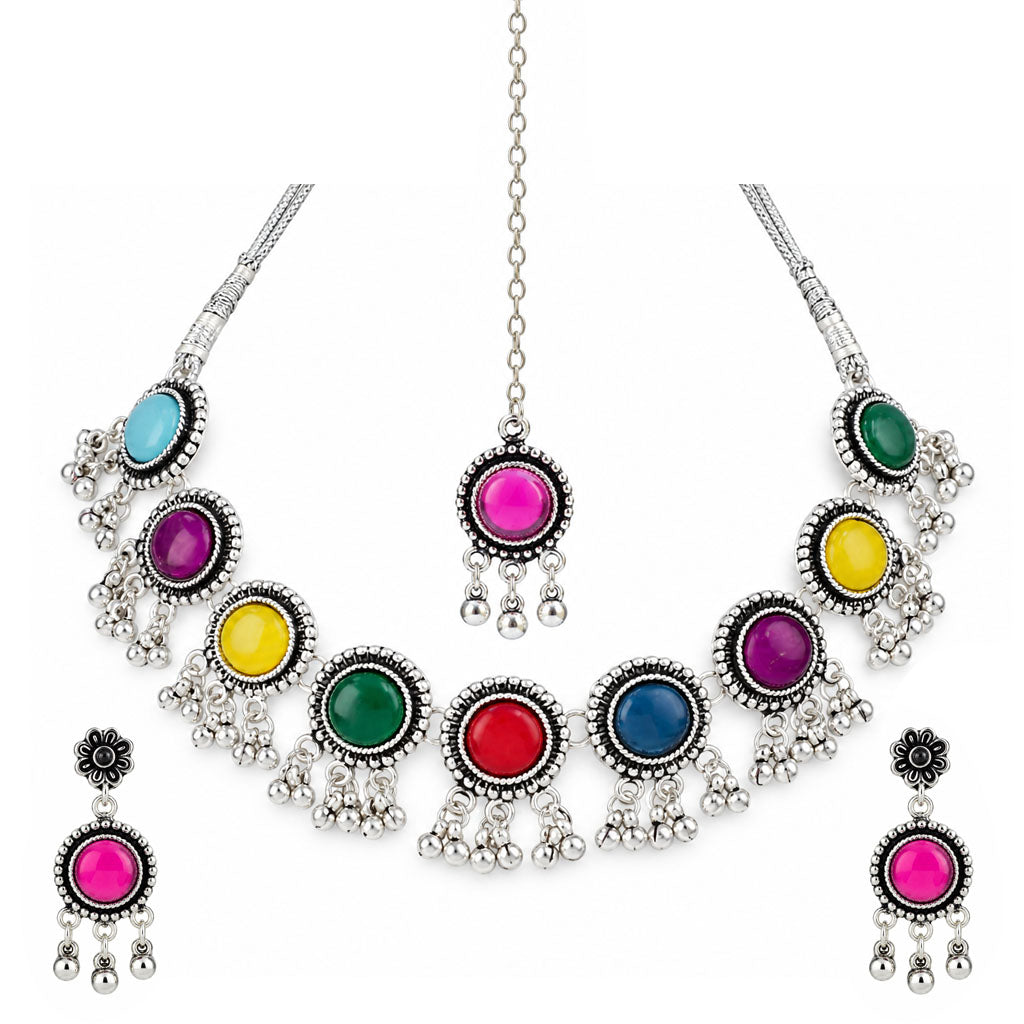 JFL - Jewellery for Less Oxidized German Silver Necklace Set with Earrings and Bracelet – Round Colorful Stone Choker Jewellery Set for Women & Girls, Traditional Ethnic Antique Silver Combo