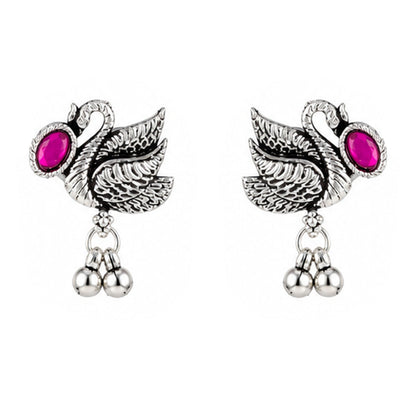 JFL - Jewellery for Less Oxidized German Silver Swan Necklace Set with Earrings – Colorful Stone Choker Jewellery Set for Women & Girls, Traditional Ethnic Antique Silver Combo
