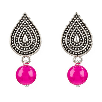 Oxidized German Silver Half Moon Pendant Necklace with Rani Pink Beads and Matching Earrings & Bracelet – Navratri Special Traditional Jewellery Set for Women