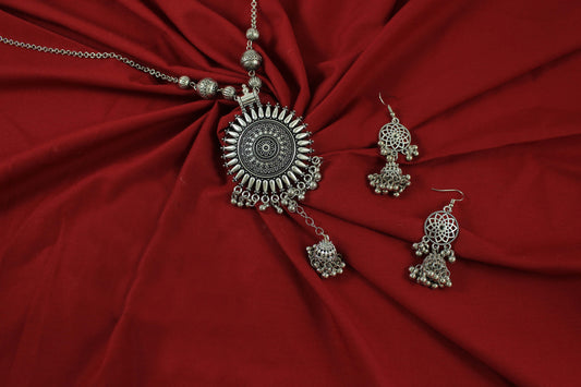 JFL-Jewellery for Less Oxidised Silver Jewellery Set – Necklace, Earrings with Intricate Circular Pendant & Matching Danglers – Jewellery for Women & Girls – Navratri, Garba