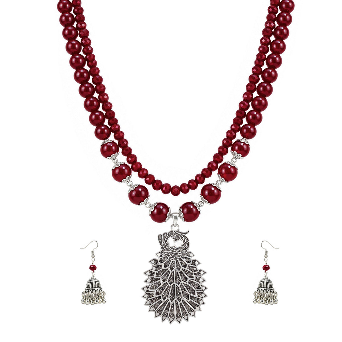 JFL - Jewellery for Less Maroon Beaded Double Layer Necklace Set with Oxidized Peacock Pendant & Matching Jhumkas with Bracelet – Ethnic Jewellery Set for Women
