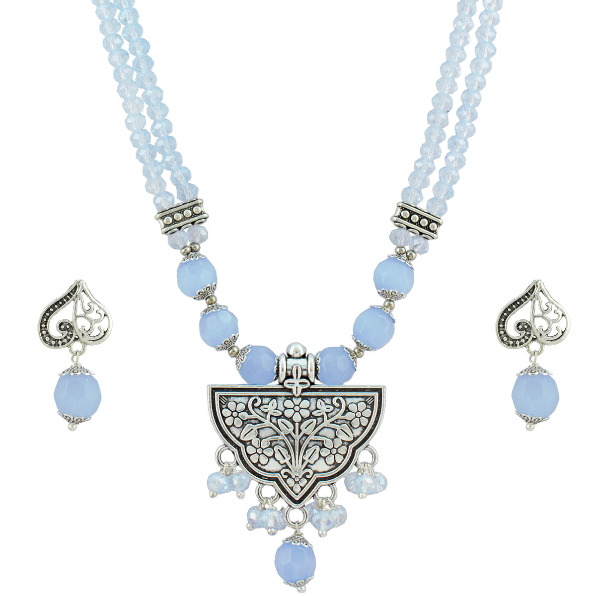 JFL - Jewellery for Less Navratri Necklace Set for Women | German Silver Oxidised Jewellery | Half-Circle Floral Pendant with Light Blue Beads | Traditional Ethnic Necklace & Earrings with Bracelet Set for Garba, Dandiya & Festive