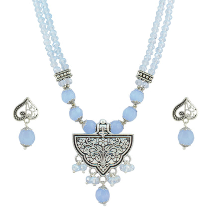 JFL - Jewellery for Less Navratri Necklace Set for Women | German Silver Oxidised Jewellery | Half-Circle Floral Pendant with Light Blue Beads | Traditional Ethnic Necklace & Earrings with Bracelet Set for Garba, Dandiya & Festive