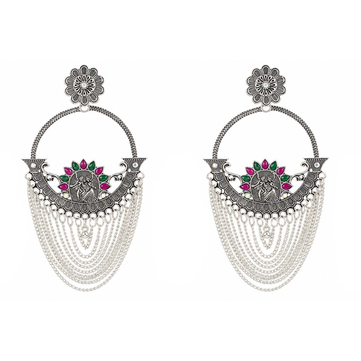 Oxidized Silver-Toned Antique Chandbali Earrings with Pink & Green Stones and Layered Chain Tassels – Traditional Ethnic Jhumki Earrings for Women & Girls | Navratri Special