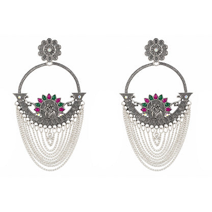 Oxidized Silver-Toned Antique Chandbali Earrings with Pink & Green Stones and Layered Chain Tassels – Traditional Ethnic Jhumki Earrings for Women & Girls | Navratri Special