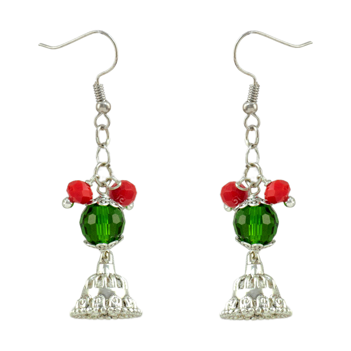 JFL - Jewellery for Less Oxidized Silver Afghani Necklace Set with Red & Green Thread Beads – Tribal Boho Jhumka Earrings – Navratri Traditional Jewellery for Women & Girls