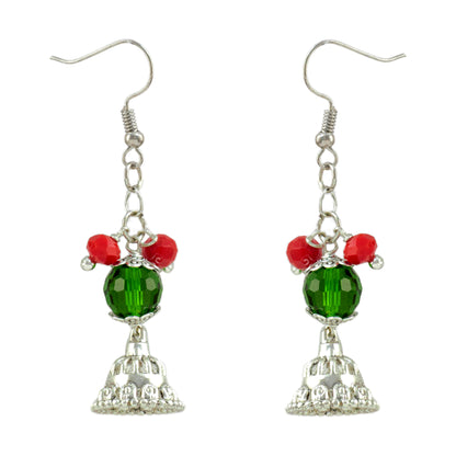 JFL - Jewellery for Less Oxidized Silver Afghani Necklace Set with Red & Green Thread Beads – Tribal Boho Jhumka Earrings – Navratri Traditional Jewellery for Women & Girls