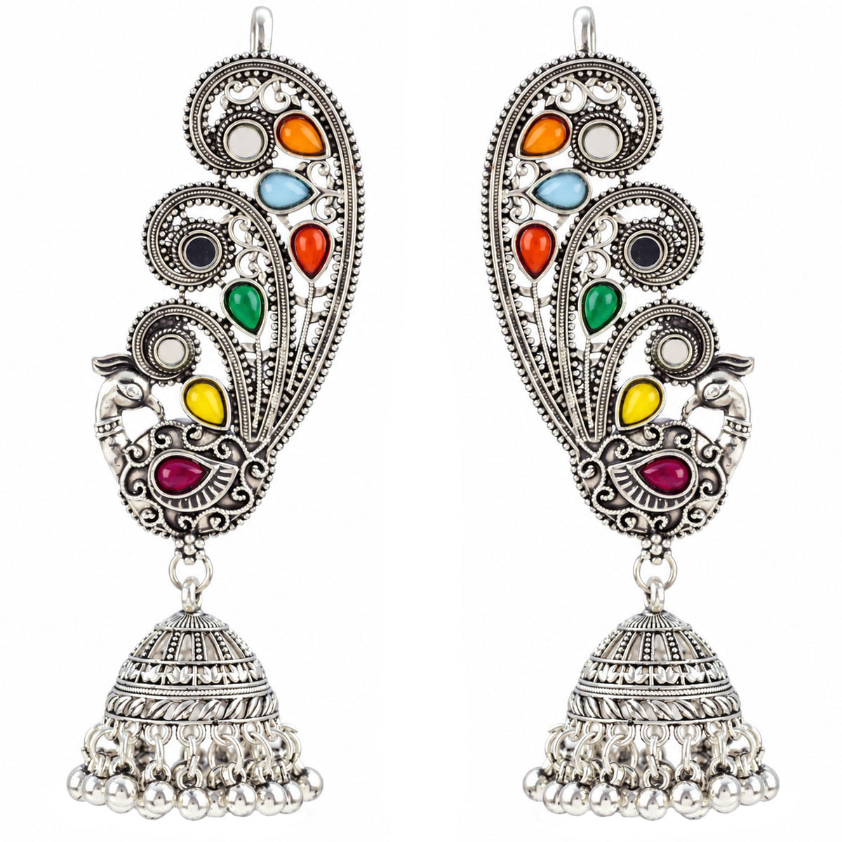 Oxidized Silver-Toned Multicolor Peacock Ear Cuff Jhumki Earrings – Traditional Antique Finish Ear Cuffs with Stone Work for Women & Girls | Navratri Special