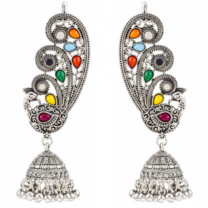 Oxidized Silver-Toned Multicolor Peacock Ear Cuff Jhumki Earrings – Traditional Antique Finish Ear Cuffs with Stone Work for Women & Girls | Navratri Special