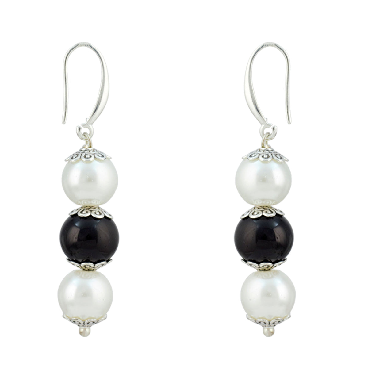 JFL - Jewellery for Less Pearl and Black Bead Asymmetric Necklace Set with Drop Earrings for Women | Oxidized Silver Accent Traditional Ethnic Jewellery | Navratri Festive