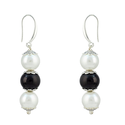 JFL - Jewellery for Less Pearl and Black Bead Asymmetric Necklace Set with Drop Earrings for Women | Oxidized Silver Accent Traditional Ethnic Jewellery | Navratri Festive